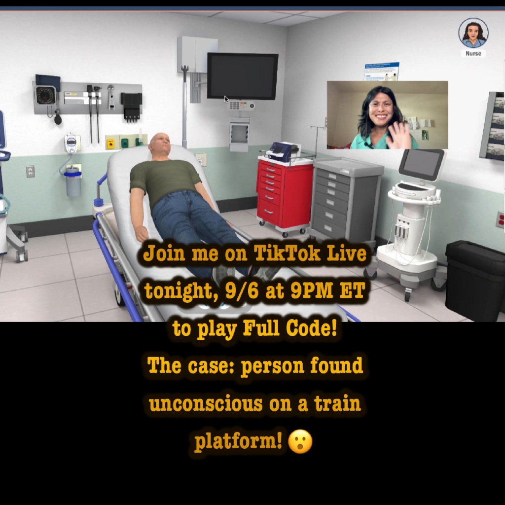 Join me on TikTok Live today, Sept 6 at 9PM ET to play Full Code Medical’s simulation game of the month!!